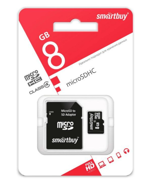 SMARTBUY (SB8GBSDCL4-01) MicroSDHC 8GB Сlass4 + адаптер