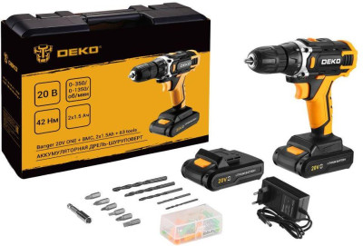 DEKO Banger 20V ONE + в кейсе + набор 63 инструмента для дома, 20В, 2х1.5Ач 083-1043