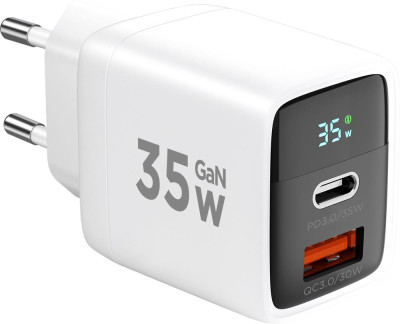 CABLEXPERT (22107) ЗУ с дисплеем 35Вт GaN, QC4.0/PD3.0, 1хUSB, 1хType-C, белый, коробка