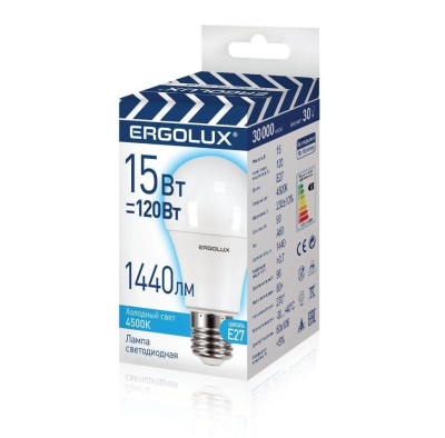 ERGOLUX (13638) LED-A60-15W-E27-4K (Эл.лампа светодиодная ЛОН 15Вт Е27 4500К 220-240В, ПРОМО)