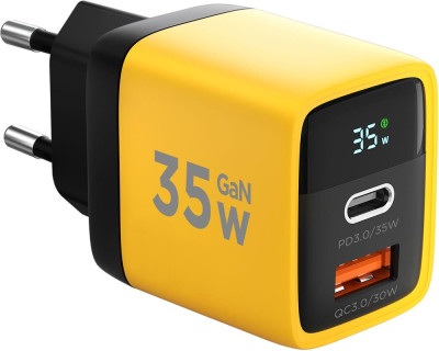 CABLEXPERT (22110) ЗУ с дисплеем 35Вт GaN, QC4.0/PD3.0, 1хUSB, 1хType-C, желтый, коробка