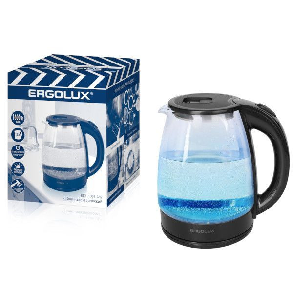 ERGOLUX ELX-KG06-C02 чайник стеклянный (черный, 1.8л, 220-240В, 1600 Вт)