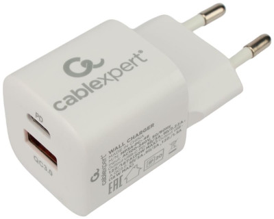 Cablexpert (21079) 20Вт, 3А, QC3.0/PD, 2 порта: USB и Type-C, белый, пакет