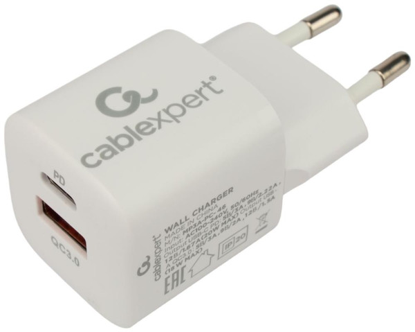 Cablexpert (21079) 20Вт, 3А, QC3.0/PD, 2 порта: USB и Type-C, белый, пакет