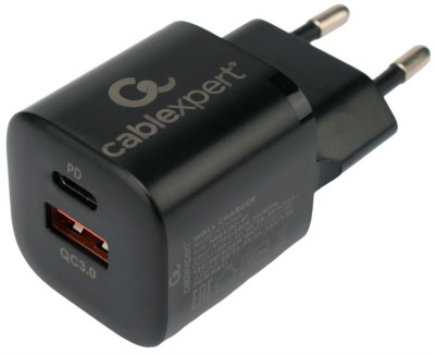 Cablexpert (21080) 20Вт, 3А, QC3.0/PD, 2 порта: USB и Type-C, черный, пакет