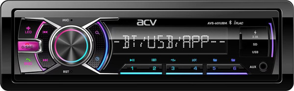 ACV AVS-601UBM (1din/мультицвет/BT/2 USB/AUX/SD/FM/3RCA/SUB/5 зон подсветки/4*50)
