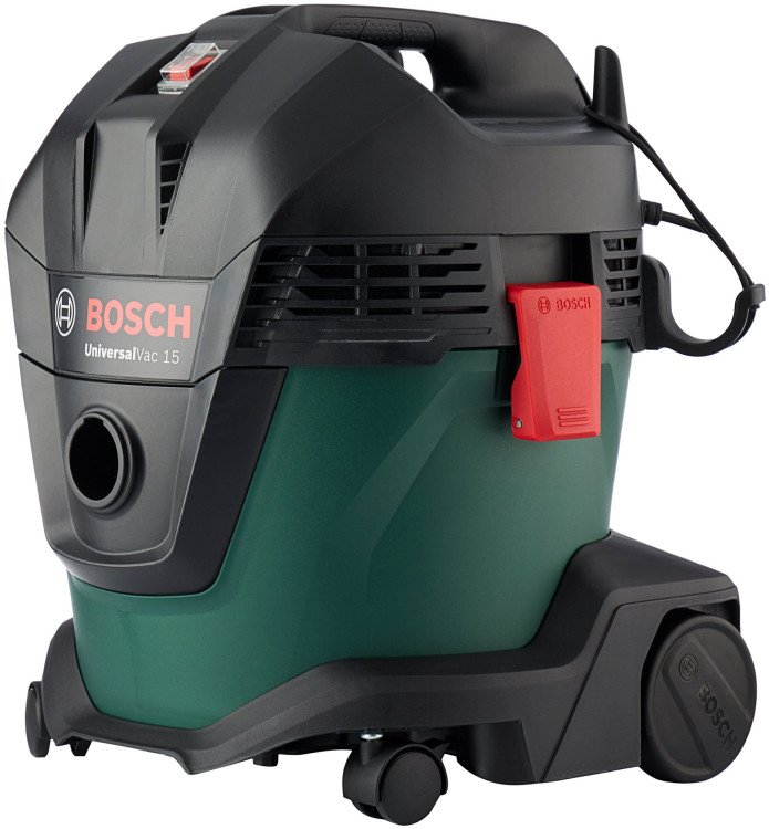 Строительный пылесос Bosch UniversalVac15 зеленый, 1000 Вт, уборка сухая/влажная, пылесборник контейнер, 15 л