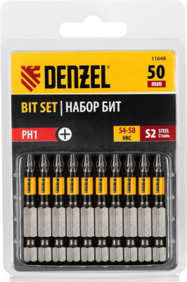 DENZEL Набор бит PH1х50, сталь S2, круглый профиль, 10 шт. 11648