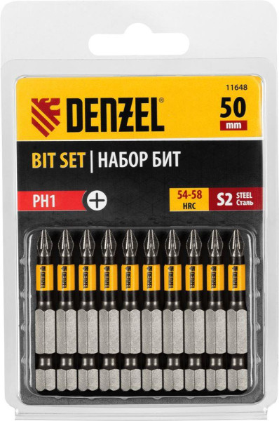 DENZEL Набор бит PH1х50, сталь S2, круглый профиль, 10 шт. 11648